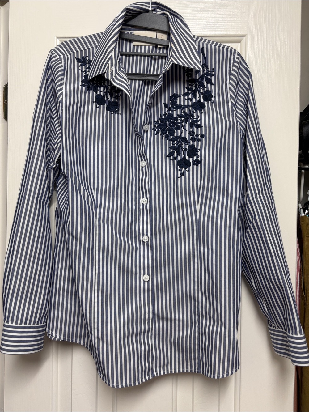 Chicos Navy and White Striped Dress Shirt with Navy Embroidery